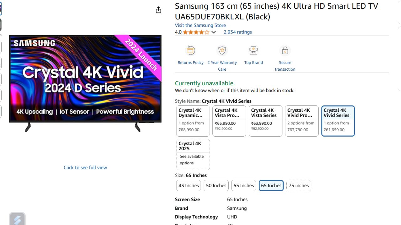 Sony Samsung 65 Inch Smart TV