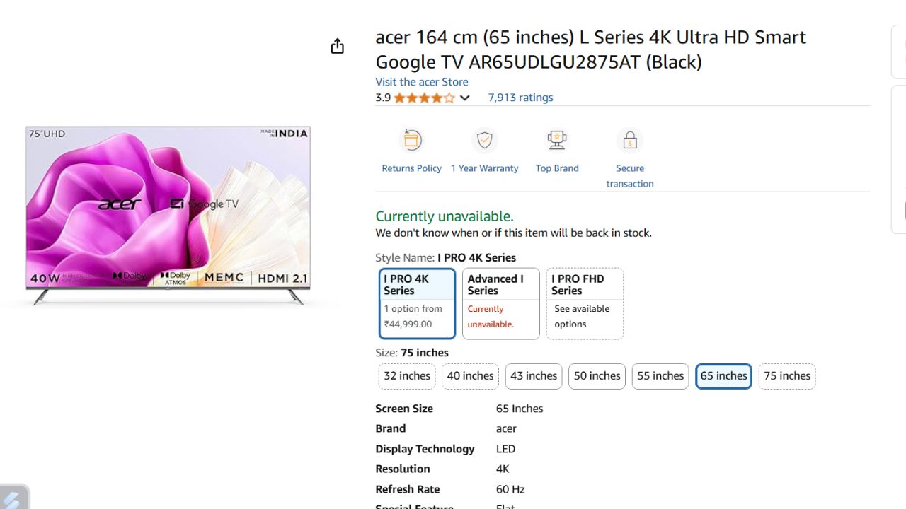 Sony Samsung 65 Inch Smart TV